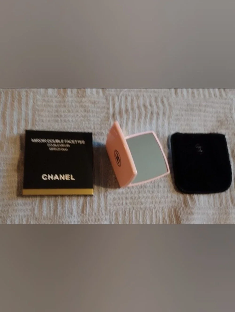 CHANEL Pink Compact Travel Mirror with Black Velvet Pouch